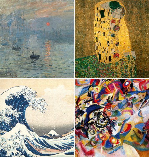 Monet, Klimt, Hokusai and Kandinsky paintings