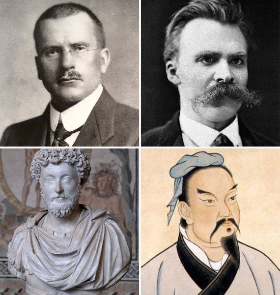 Portraits of Carl Jung, Friedrich Nietzsche, a bust of Marcus Aurelius and Sun Tzu